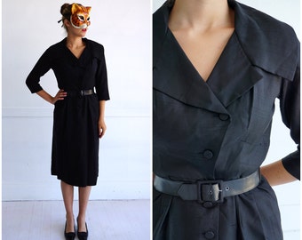 Classic Vintage 60s Black Raw Silk Shirt-waist Dress with Asymmetric Button Front by Janell of California | Small/Medium