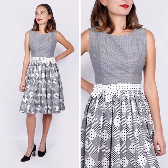 Vintage 1950s Black & White polka Dot Gingham Pat… - image 1