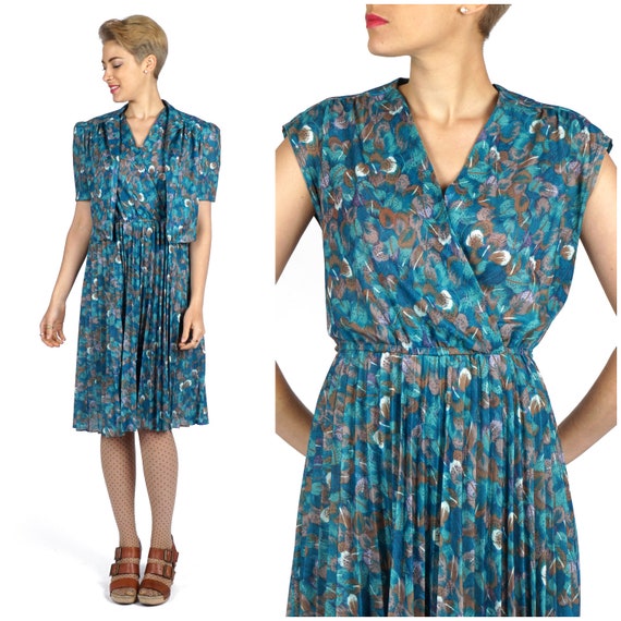 Vintage 1960s Blue Peacock Day Dress with Pleated… - image 1