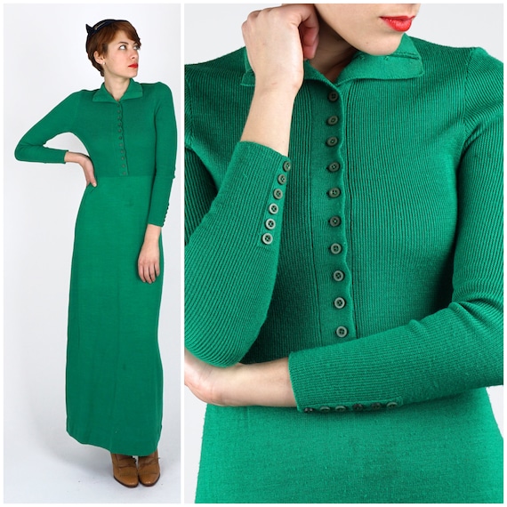 Vintage 1960s Emerald Green Long Maxi Sweater Dres