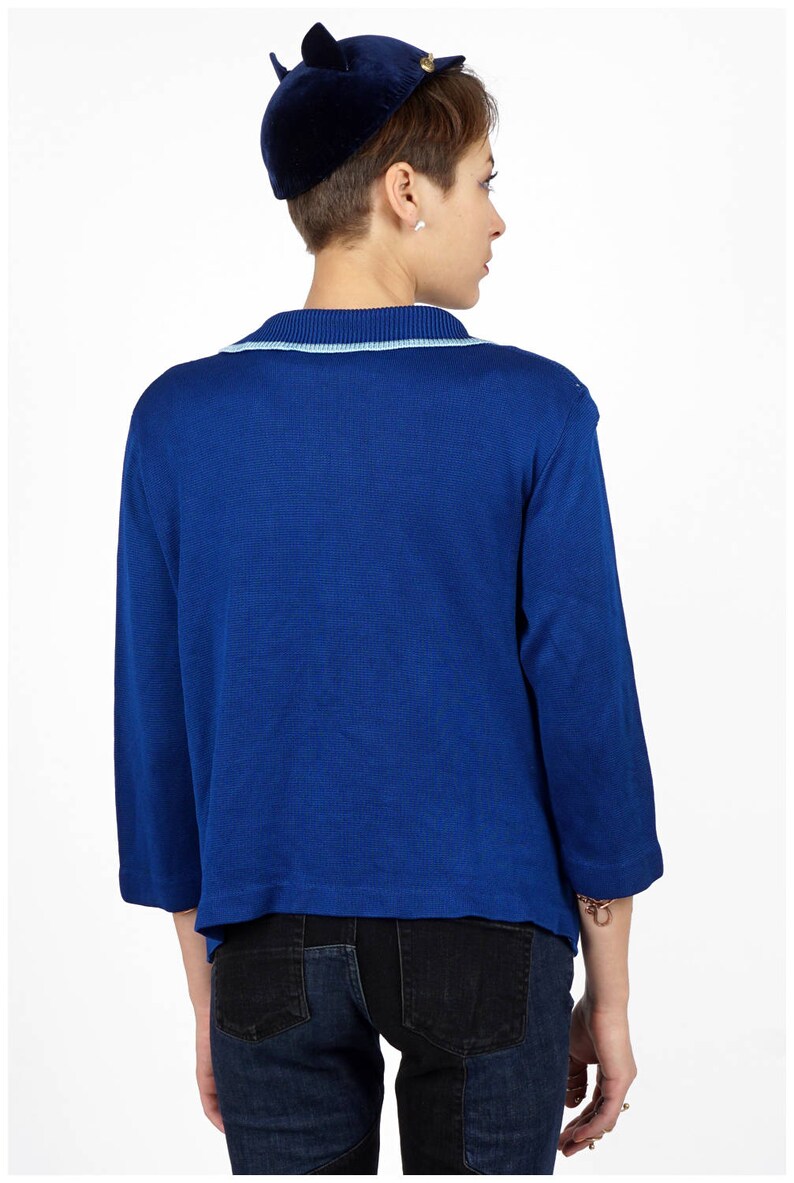 Medium Vintage 1960s Blue Knit Trompe L/'oeil Cardigan