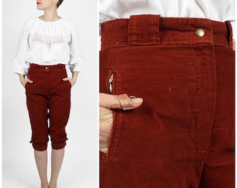 Vintage 1970s Rust Red Corduroy High-waisted Capri Pants by Sunbuster | Small