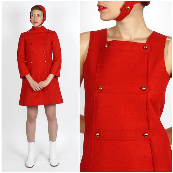 Vintage 1960s Mod Red Felt Mini Dress & Coat Set w