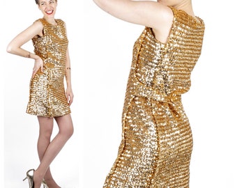 Vintage 60's Gold Bling Sequined Knit Fitted Wiggle Sleeveless Mod Mini Dress for VLV | Small Medium