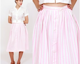 Vintage 50s Pink and White Candy Stripe Button Down Full Skirt | Small