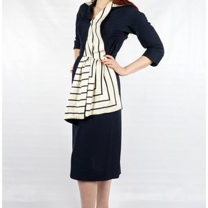 Vintage 40s/50s Navy Silk Dress with 3/4 Sleeves and Striped White Collar and Side Sash by Berenice Holloway Medium image 3