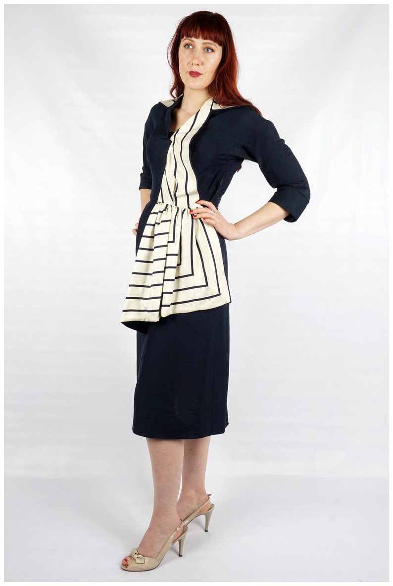 Vintage 40s/50s Navy Silk Dress with 3/4 Sleeves and Striped White Collar and Side Sash by Berenice Holloway Medium image 3