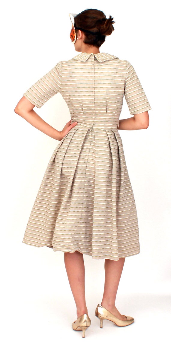 Vintage 1950s Taupe and Green Striped Day Dress w… - image 5