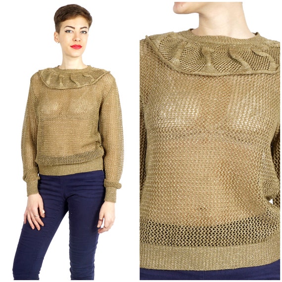 Vintage 1980s Sparkly Gold Knit Sweater with Ruff… - image 2