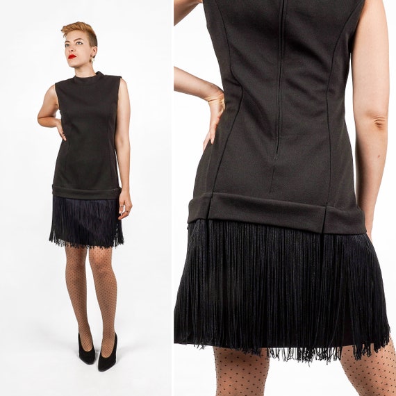 Vintage 1960s Mod Black Flapper Fringe Shift Dres… - image 1