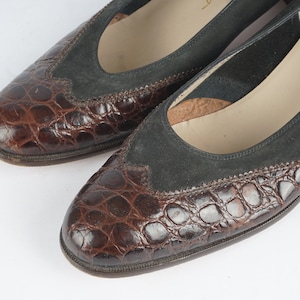 Sz.  9-10 | Vintage Black Suede and Brown Faux Alligator Oxford Brogue Pumps by Ferragamo