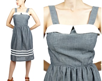 Vintage 1950s Gray Cotton Sleeveless Sundress avec White Detail par Vicky Vaughn Junior (fr) XS/Petit