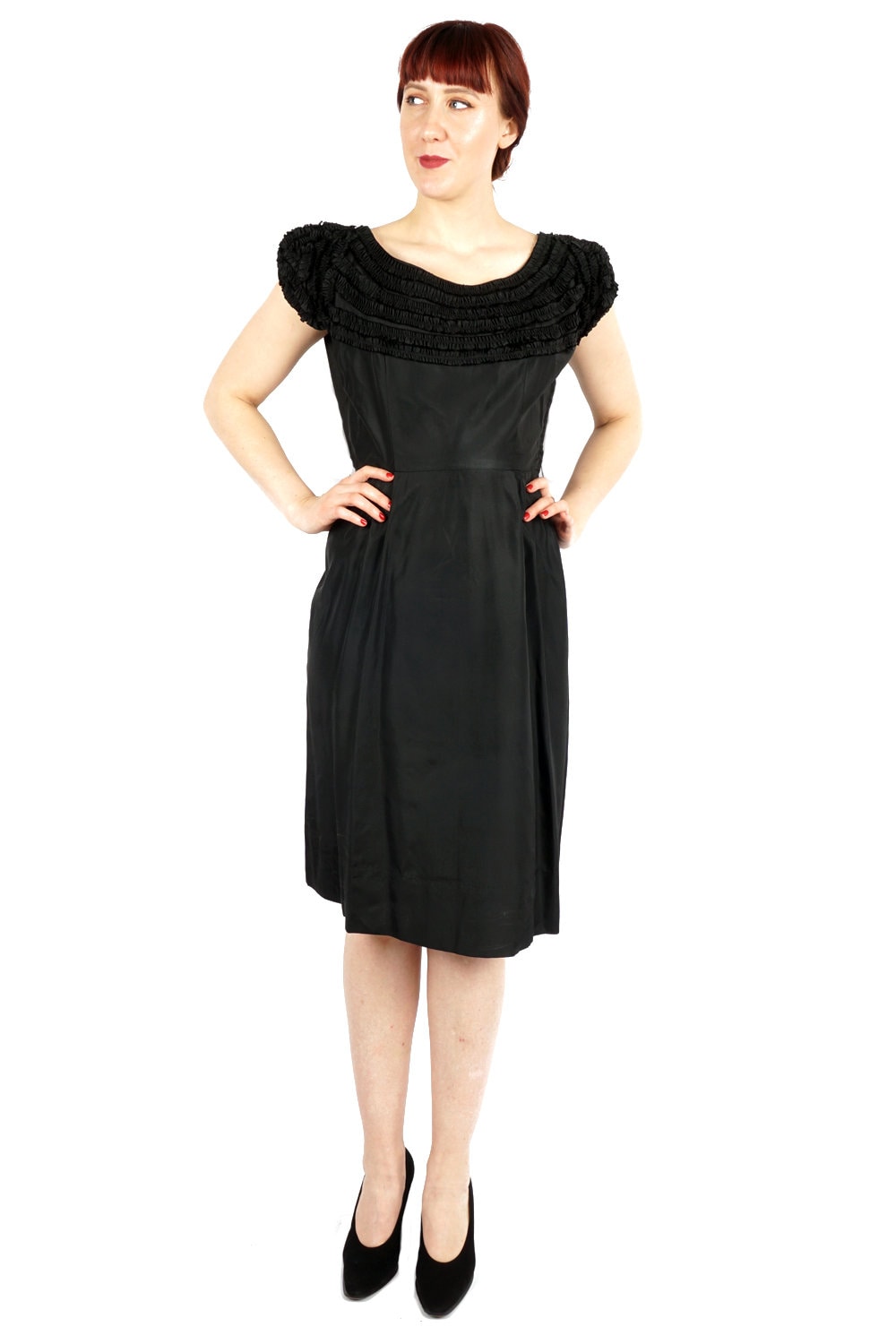 Vintage 50's/60's Black Ruffled Taffeta Evening Dress With Bow and ...
