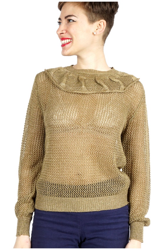 Vintage 1980s Sparkly Gold Knit Sweater with Ruff… - image 4