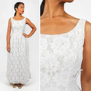 Vintage 1960s Sleeveless White Floral Lace Wedding Maxi Dress w/ Long Straight Skirt & Floral Lace Appliqués by Saks Fifth Avenue XS/Small image 1