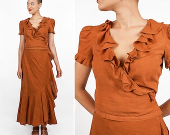 Vintage 1970s Rusty Brown Earth Tone Wrap Skirt & Ruffled Wrap Blouse Two Piece Set by Biba | XS/Small