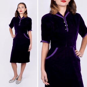 Vintage 1960s Purple Velvet Sheath Dress with Rhinestone Button Details | Small