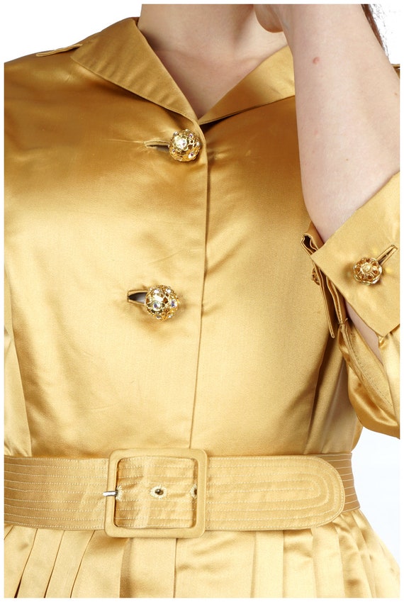 Vintage 50s/60s Satin Gold Belted Shirt-waist Dre… - image 7