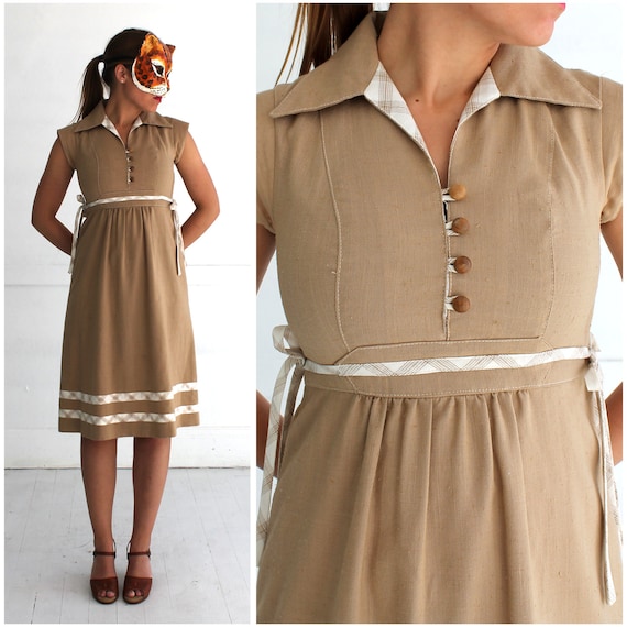 Vintage 1970's Boho Babydoll Dress in Light Brown