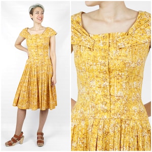 Vintage 1950s Mustard Yellow Abstract Printed Drop Waist Day Dress with Full Skirt and Rhinestone Detail by Dorothy Hubbs | Small