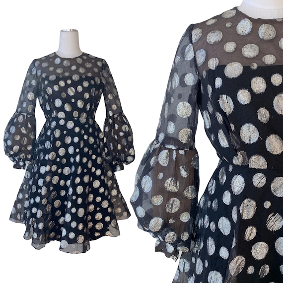 Vintage 1960s Metallic Silver Polka Dot Fit and F… - image 1
