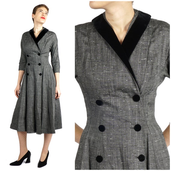 Vintage 1940s/50s Grey 3/4 Sleeve Dress with Velv… - image 1