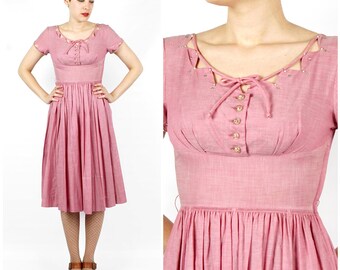 Vintage 50's Pink Day Dress with Unique Cutout Triangle Rhinestone Bodice by Vicky Vaughn | XS/Small