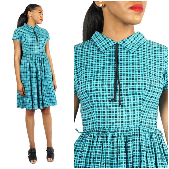 Vintage 1950s Blue & Black Plaid Cotton Day Dress