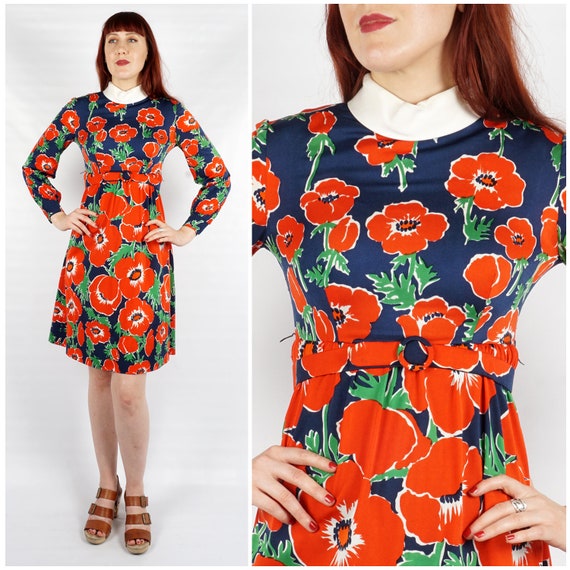 Vintage 1970s Bright Floral Poppy Print Red & Nav… - image 1