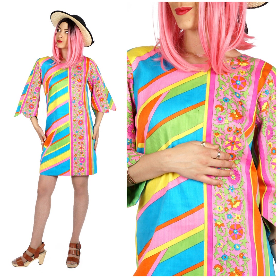 Vintage 60s/70s Colorful Rainbow Stripe & Floral Shift Mini - Etsy