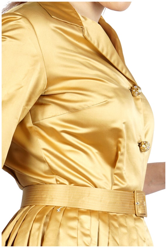 Vintage 50s/60s Satin Gold Belted Shirt-waist Dre… - image 3