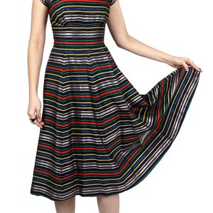 Vintage 1950s Black Stripe Fit & Flare Rainbow Ribbon Taffeta Party Dress with Fitted Waist and Full Skirt XS/Small image 5