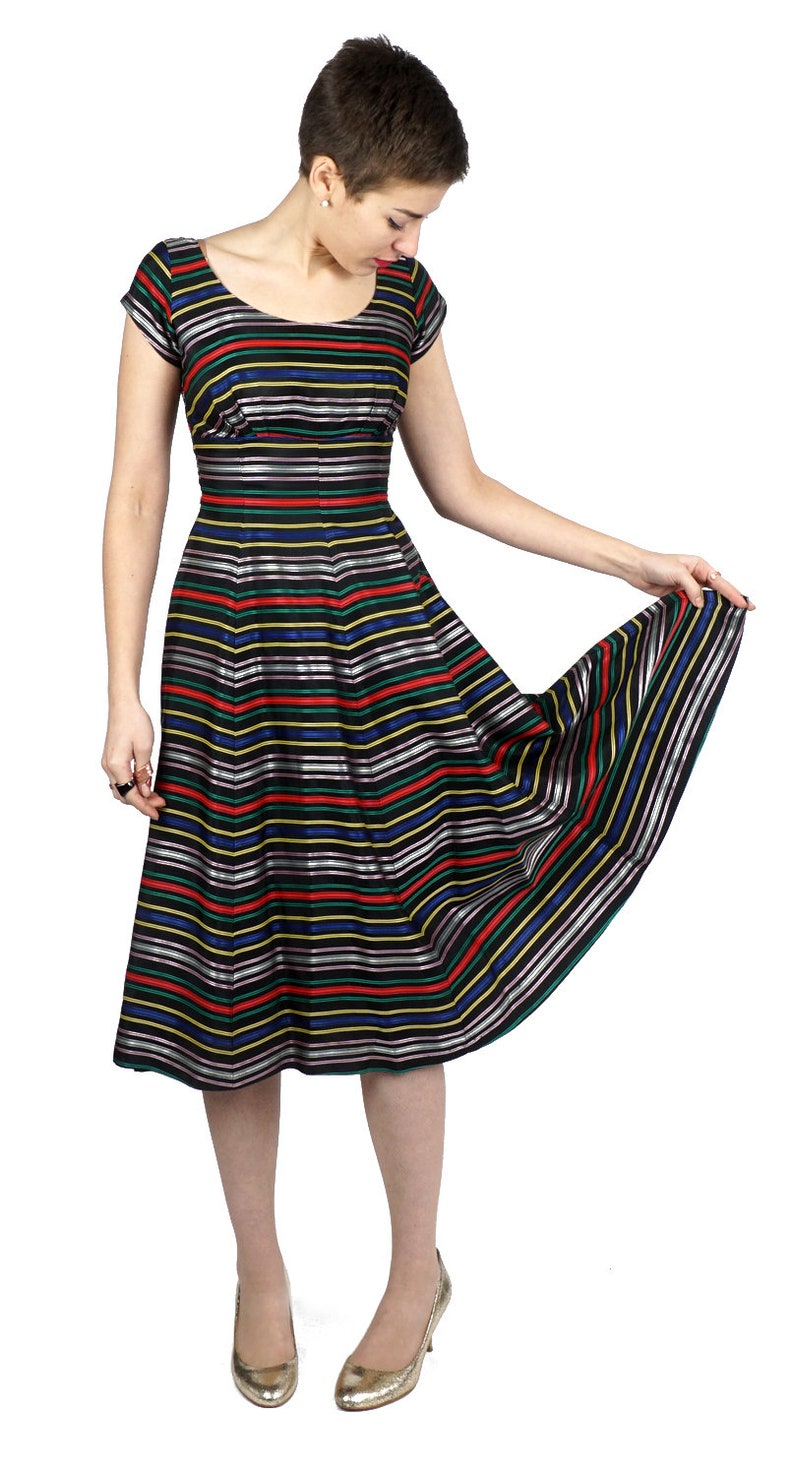 Vintage 1950s Black Stripe Fit & Flare Rainbow Ribbon Taffeta Party Dress with Fitted Waist and Full Skirt XS/Small image 5