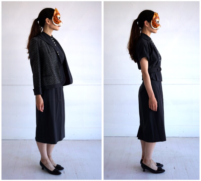 1950s/60s Three-Piece Skirt Suit in Dark Gray with Tweed Jacket by Natalie Green Small image 6