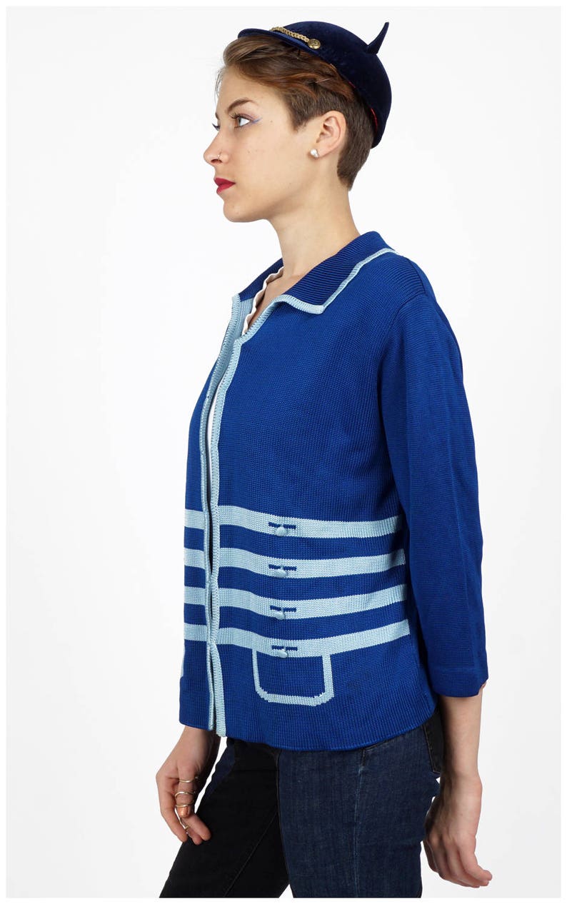 Medium Vintage 1960s Blue Knit Trompe L/'oeil Cardigan