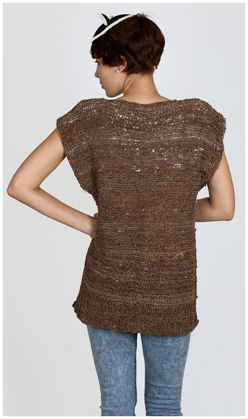 Vintage 1970s Woven Leather Color Blocked Short Sleeve Tunic Top Medium