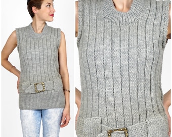 Vintage Long 70s/80s Gray Belted Ribbed Sleeveless Sweater Vest by Saks Fifth Ave | Small/Medium