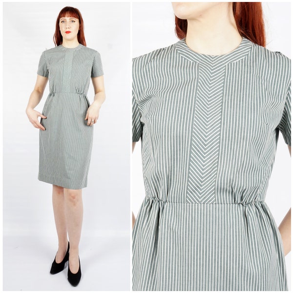 Vintage 1950s Gray and White Pinstriped Crewneck Short Sleeve Sheath Dress with Chevron Striped Bodice by Patty Petite | Medium