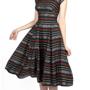 Vintage 1950s Black Stripe Fit & Flare Rainbow Ribbon Taffeta Party Dress with Fitted Waist and Full Skirt XS/Small image 2