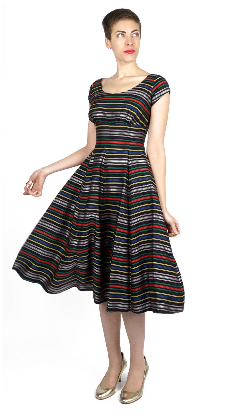 Vintage 1950s Black Stripe Fit & Flare Rainbow Ribbon Taffeta Party Dress with Fitted Waist and Full Skirt XS/Small image 2