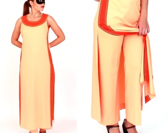 Vintage 1970s Orange Egyptian Style Dress and Pant Hostess Set by Alfred Shaheen | Small