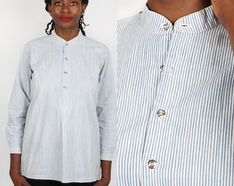Vintage 1970s Blue & White Cotton Half-button Shirt by Marimekko | Large/X-Large