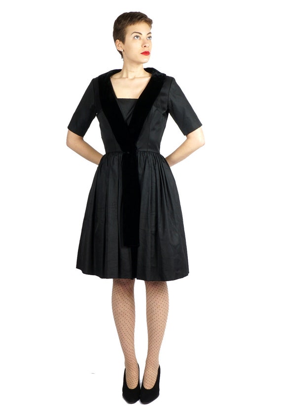 Vintage 1950s Black Party Dress with Velvet Trim … - image 2