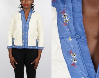 Vintage 1970s White & Blue Quilted Jacket with Floral Embroidery by Three Leaf | XS