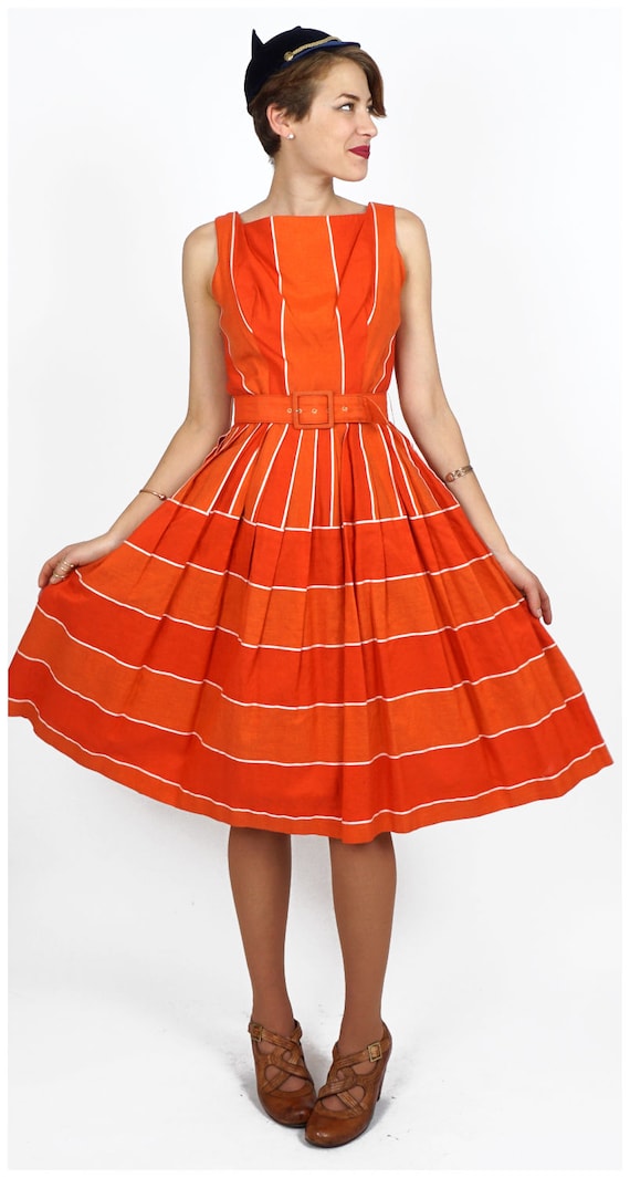 Vintage 50s/60s Belted Orange Striped Day Dress b… - image 2