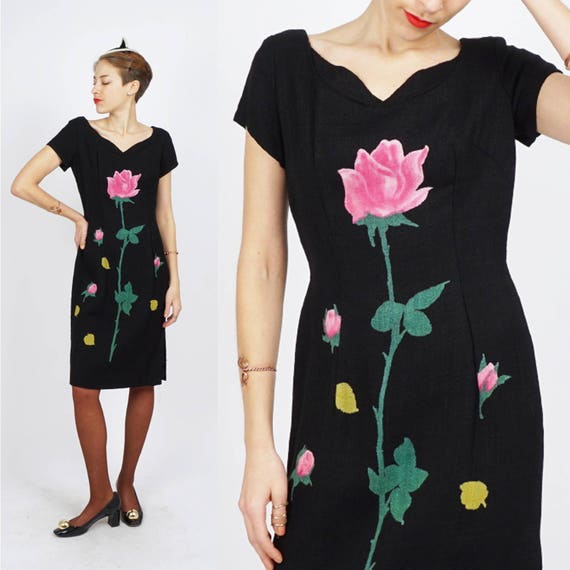 Vintage 50s 60s Black Linen Wiggle Dress with Sca… - image 4