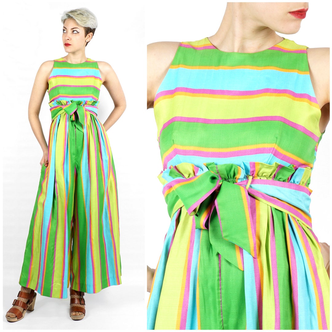 Vintage 1960s/70s Sleeveless Striped Bright Wide Leg Jumpsuit - Etsy