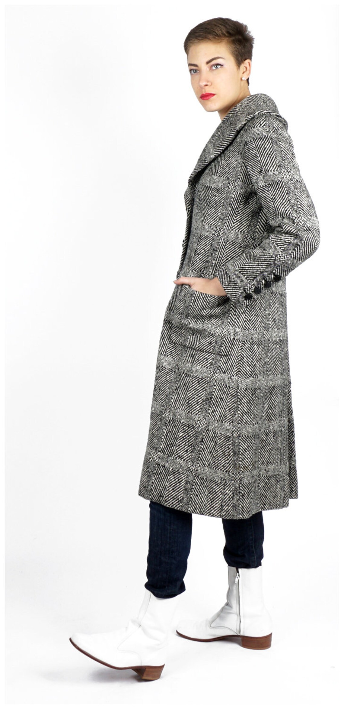 1950s Black and White Tweed Jacket with Red Stripe