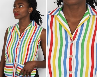 Vintage 1960s Colorful Rainbow Striped Sleeveless Collared Button-up Shirt with Pockets by Paddle and Saddle | Small/Medium