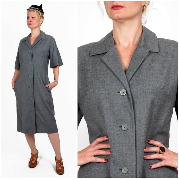 Vintage 1960s Charcoal Wool Midi Straight Shift D… - image 1